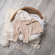 Load image into Gallery viewer, Darla Pants + Sleeper Cap | Beige Terry Outfit Set with Heart Details
