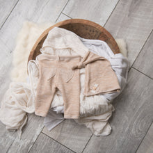 Load image into Gallery viewer, Darla Pants + Sleeper Cap | Beige Terry Outfit Set with Heart Details