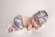 Load image into Gallery viewer, Darla Pants, Bonnet + Sleeper Cap | Pink + Blue Floral Outfit Set