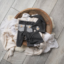 Load image into Gallery viewer, David Pants, Bonnet + Sleeper Cap | Dark Grey Duo-Tone Waffle Outfit Set
