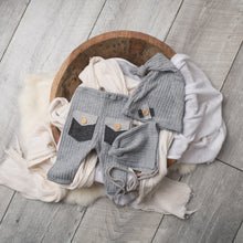 Load image into Gallery viewer, David Pants, Bonnet + Sleeper Cap | Light Grey Duo-Tone Waffle Outfit Set
